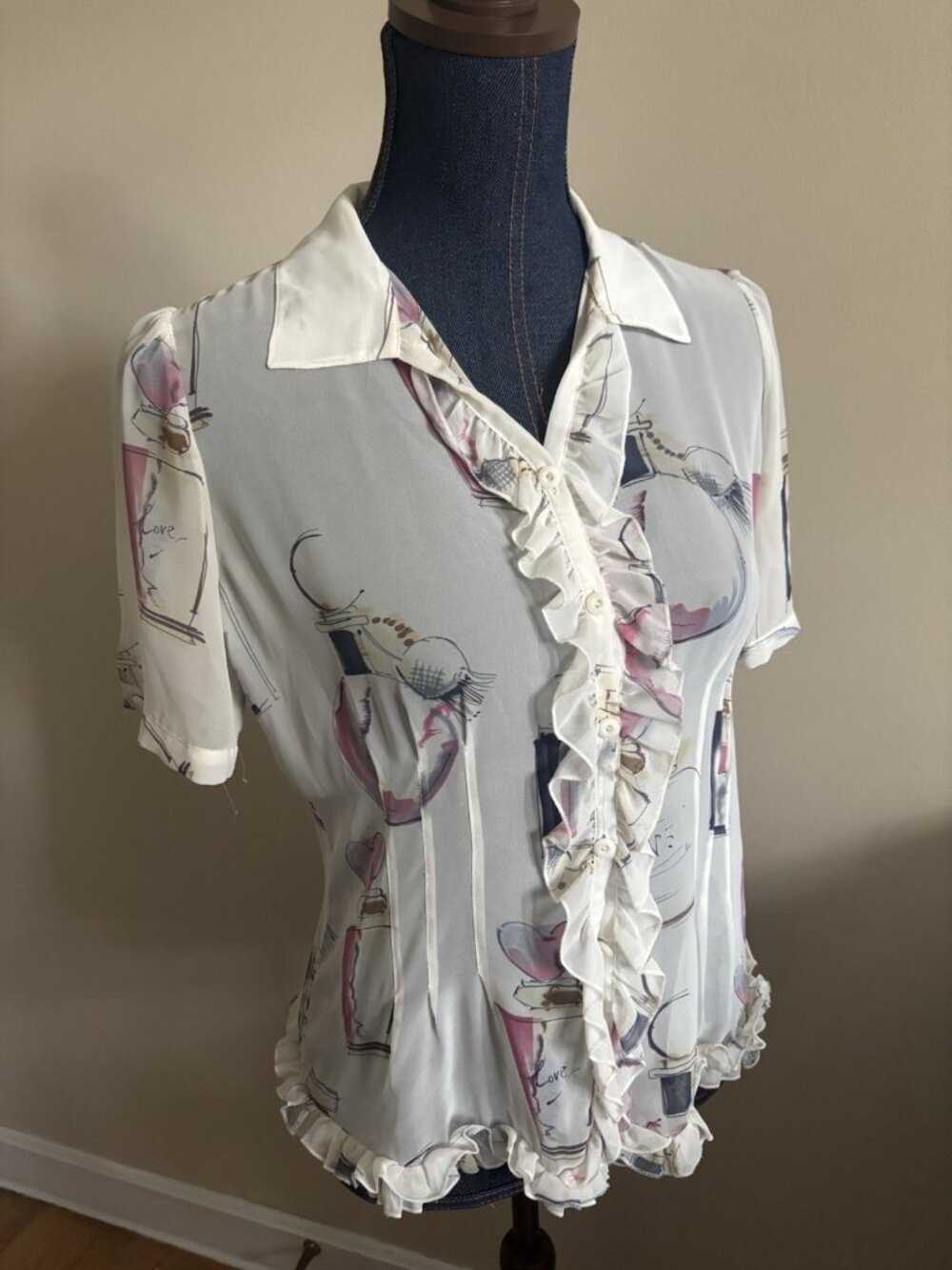 CAbi Perfume Bottle Blouse Womens Small Ruffles Sheet Short Sleeve Feminine